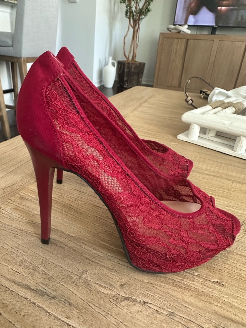 Guess Red Lace Peep-Toe Stilettos